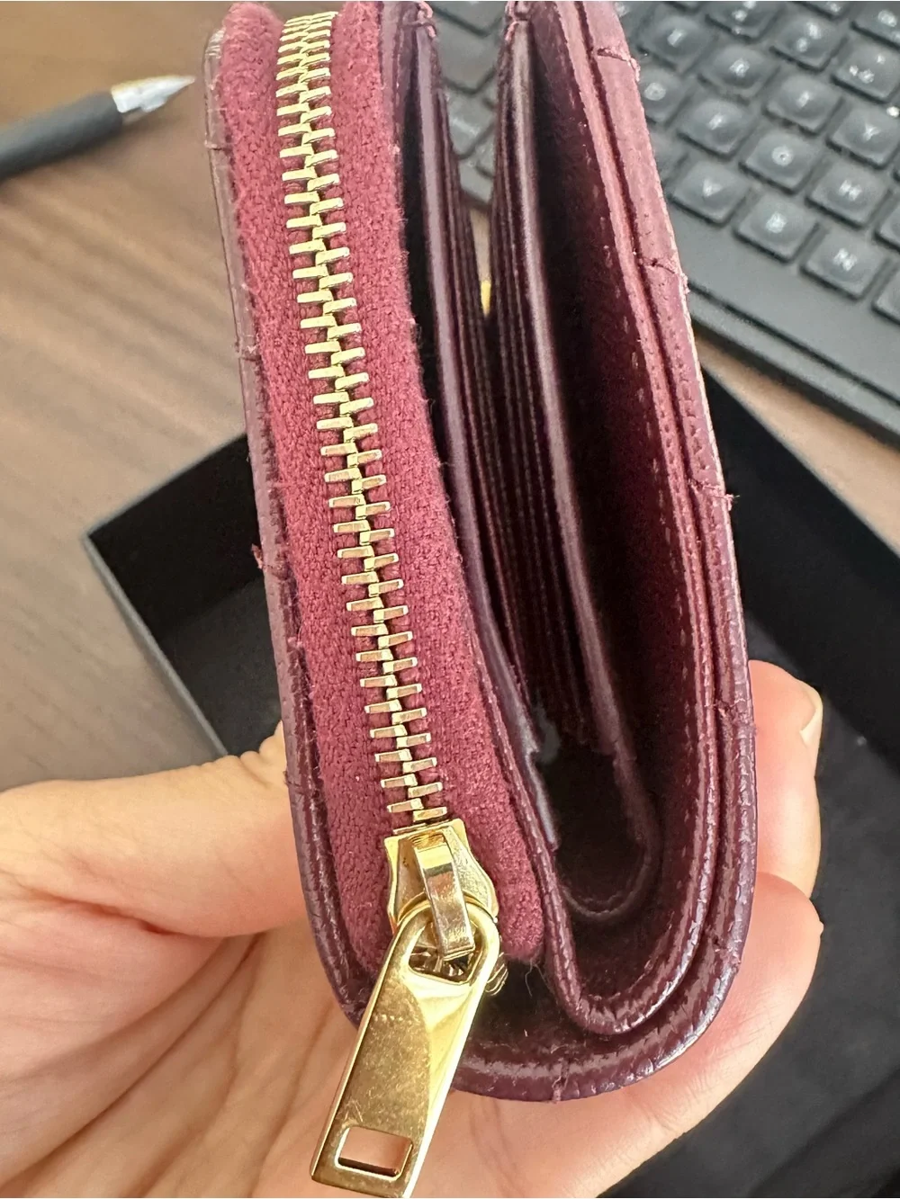Saint Laurent Wine Red Leather Card & Key Holder with Gold YSL Emblem
